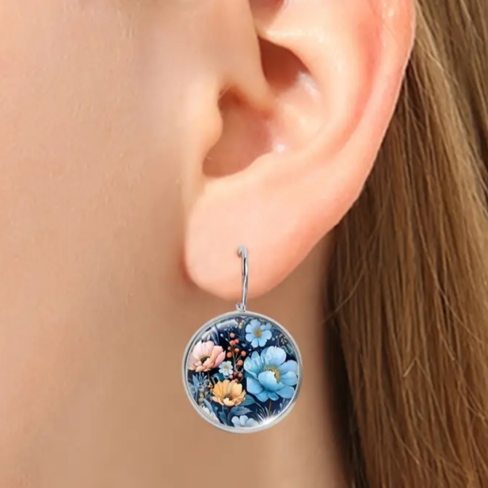 Colorful Y2K Floral Blue and‎ Pink Round Crystal Glass Summer Earrings-(#0149)